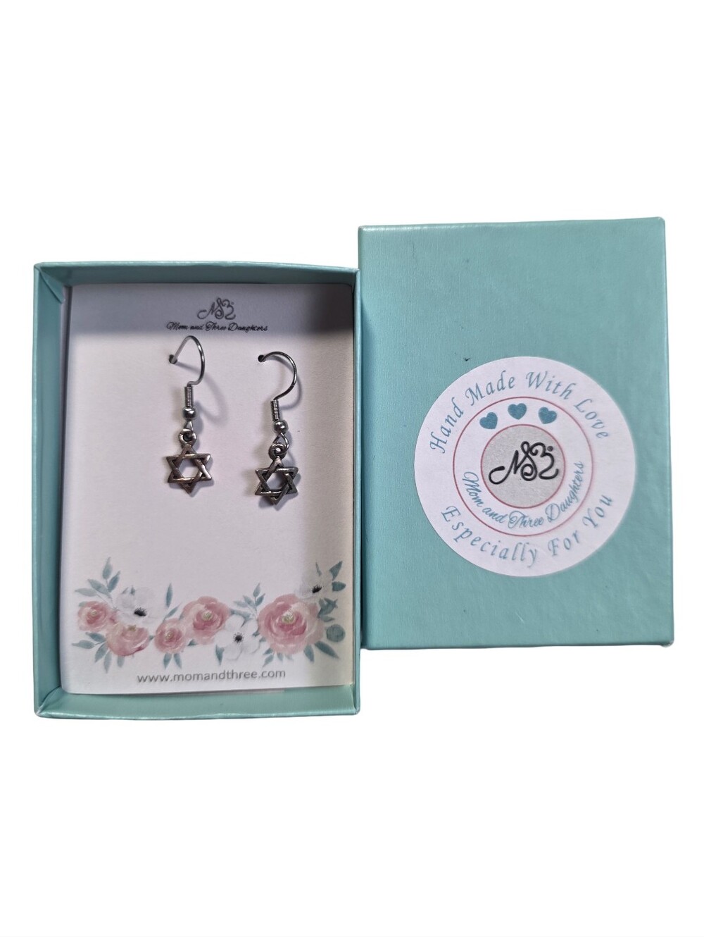 Mom and Three Daughters Star of David Earrings Silver Pewter Jewish Gift NIB